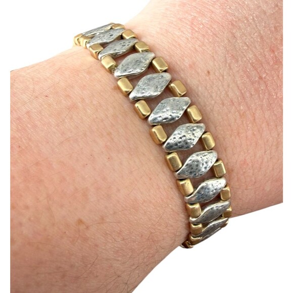 J. Jill Mixed Metal Link Bracelet Silver Gold Tone Hammered Stretch Versatile - Picture 2 of 7